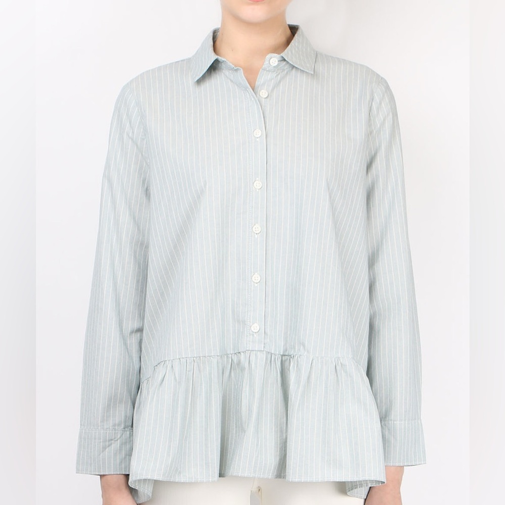 The Great. The Drop Ruffle Oxford In Indigo Stripe Size 0